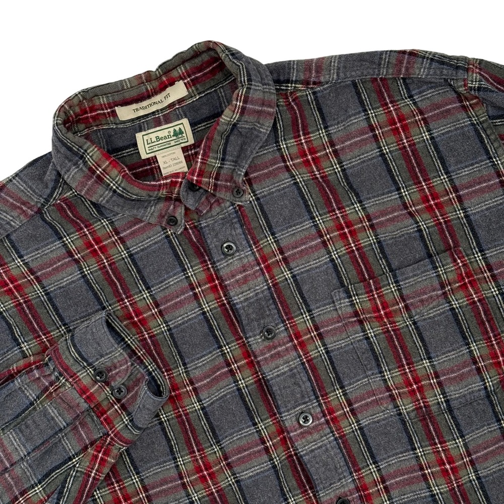 L.L.Bean Mens XL‎ Tall Gray Plaid Flannel Button Up Long Sleeve Shirt Vintage
